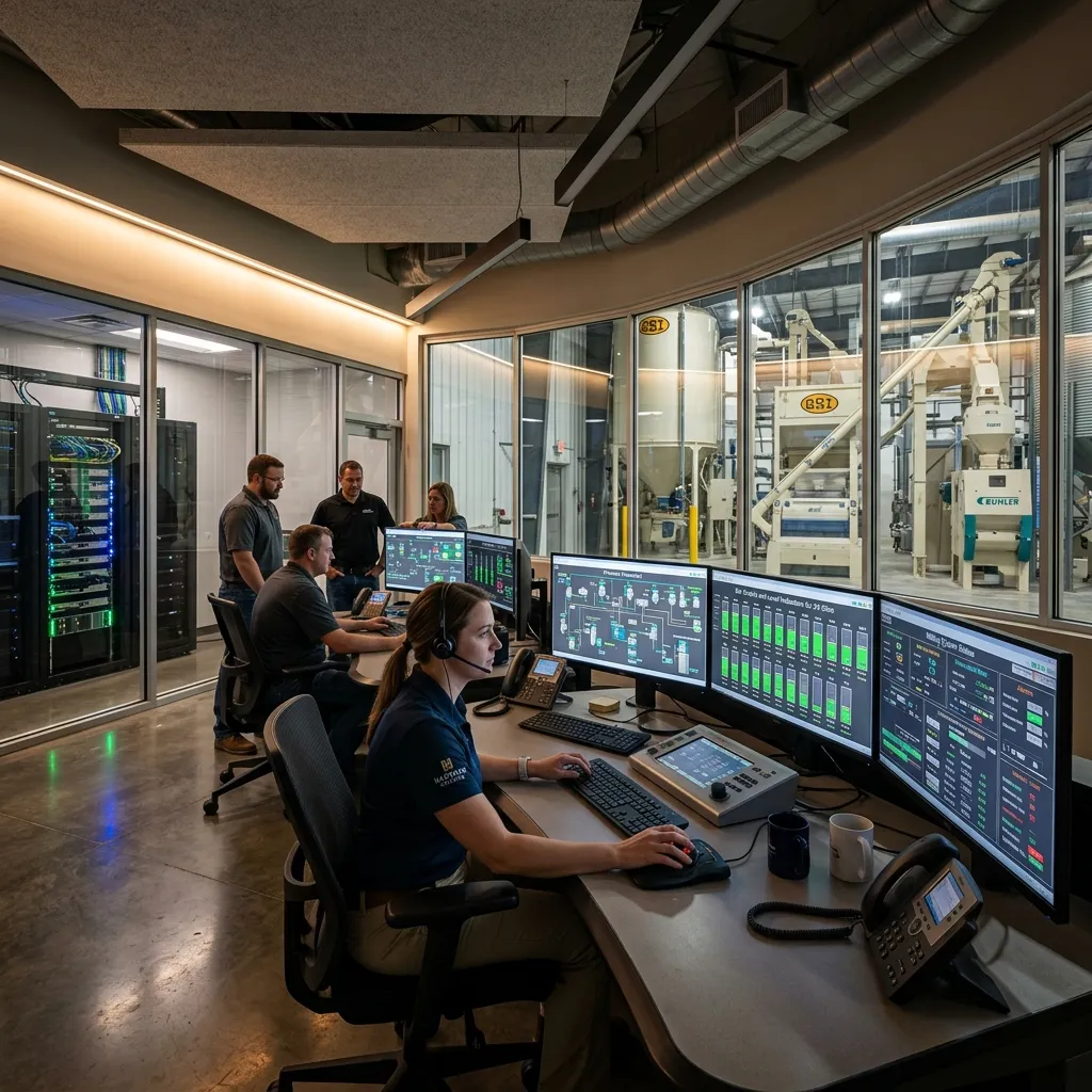 Sleek and modern technical supervisory desk setup showing control metrics for agricultural mill operations