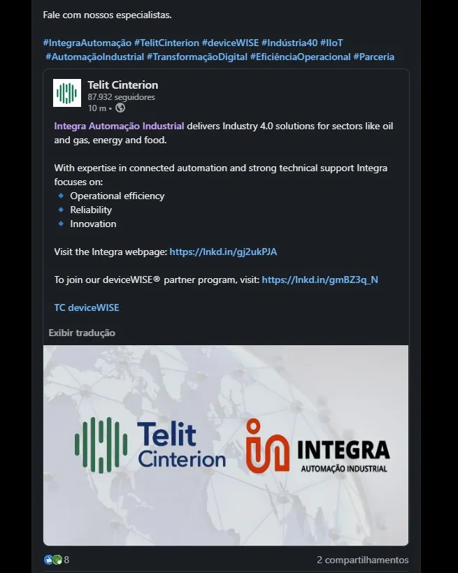 Publicação sobre a Integra como parceira Telit Cinterion deviceWISE